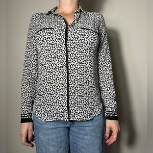 LOFT White Black Gray Dotted Button-up Long Sleeve Top Size XS